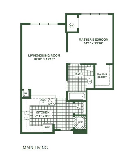 Floor plan for 1 bed, 1 bath, 950 sqft